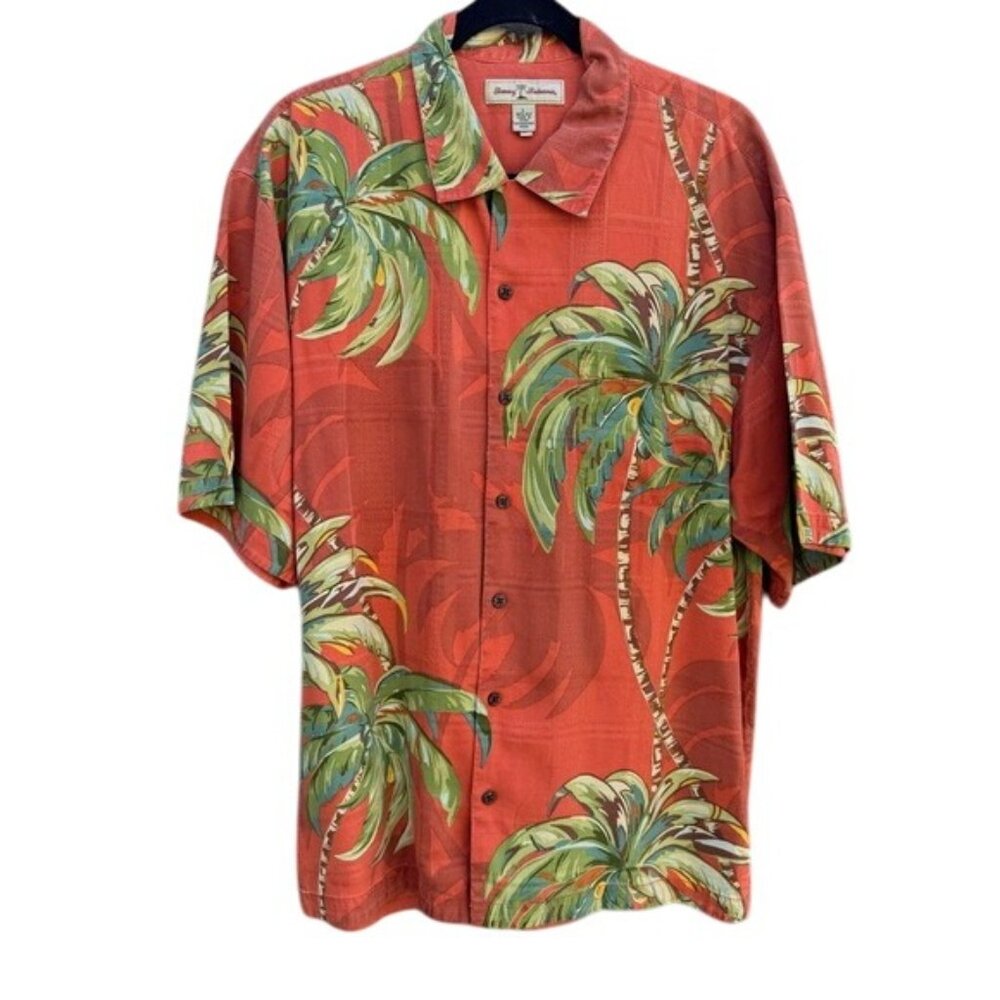 Tommy Bahama Mens Red Hawaiian Silk Shirt L Palm Tree‎ Print